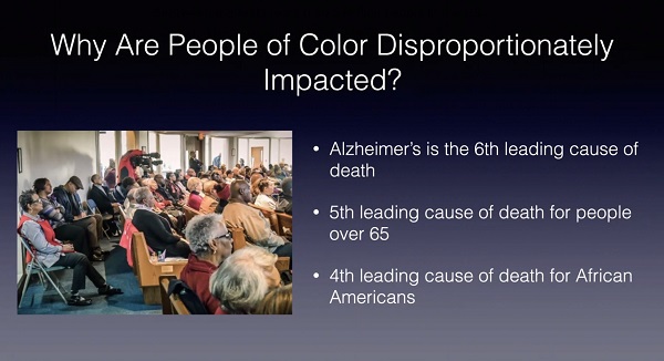 Powerpoint slide showing information about People of Color being disproportionately impacted by Alzheimer's Disease